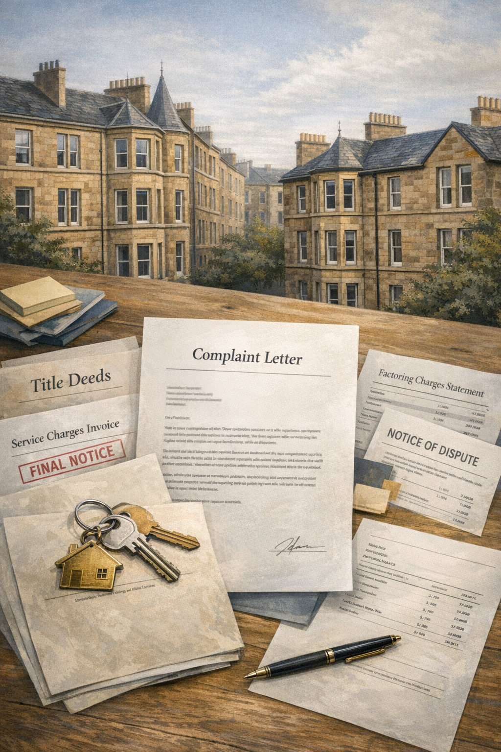 Scottish tenement homes beside complaint paperwork and house keys, representing support for homeowners facing unfair factoring issues.