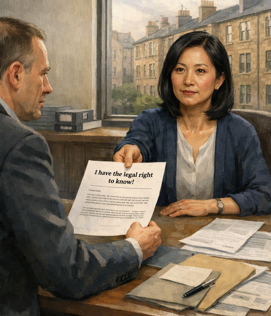 Homeowner firmly handing a document to a factor representative asserting the right to question charges and bills.