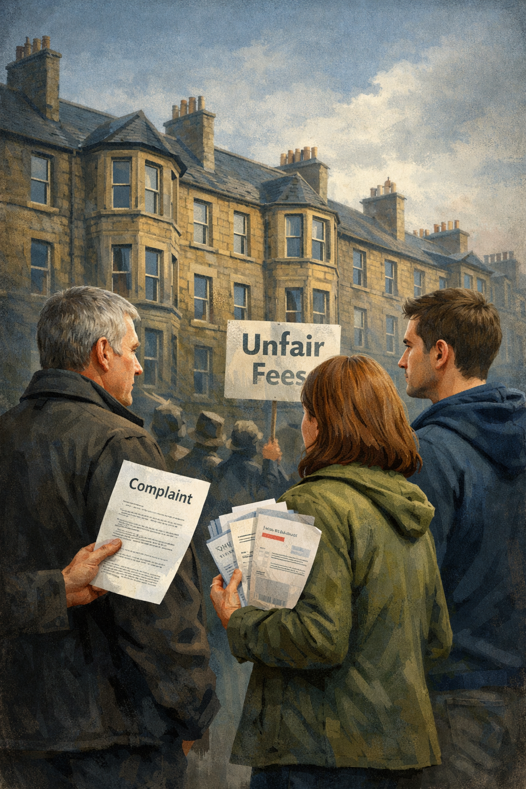 Three homeowners with complaint papers facing Scottish tenements and an Unfair Fees sign.