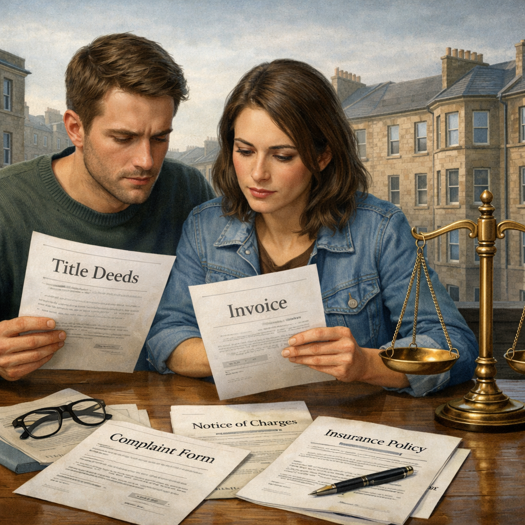 Homeowner reviewing documents beside Scottish tenement buildings.