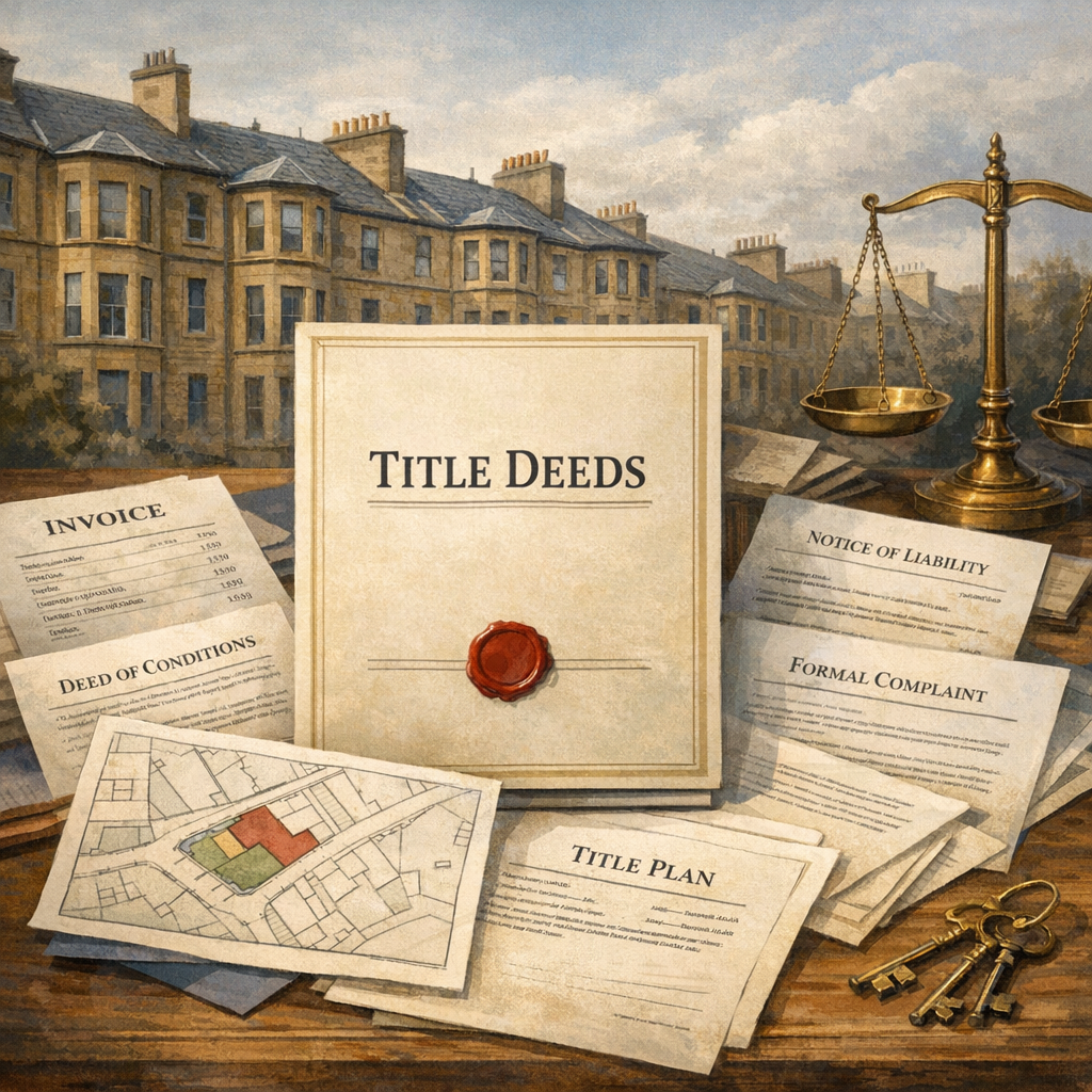 Homeowners reviewing title deeds and property documents in front of Scottish tenement buildings.