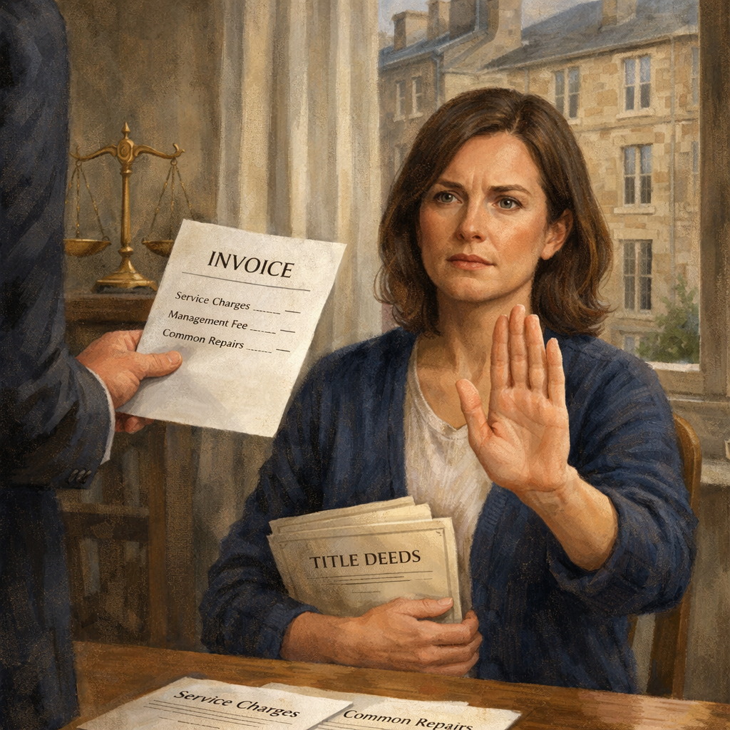 Homeowner refusing an invoice while holding title deeds in a Scottish property setting.
