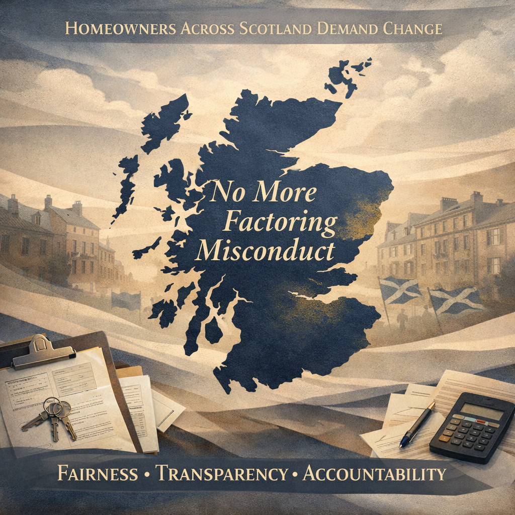 Map of Scotland with reform campaign messaging about fairness, transparency, and accountability in property factoring.