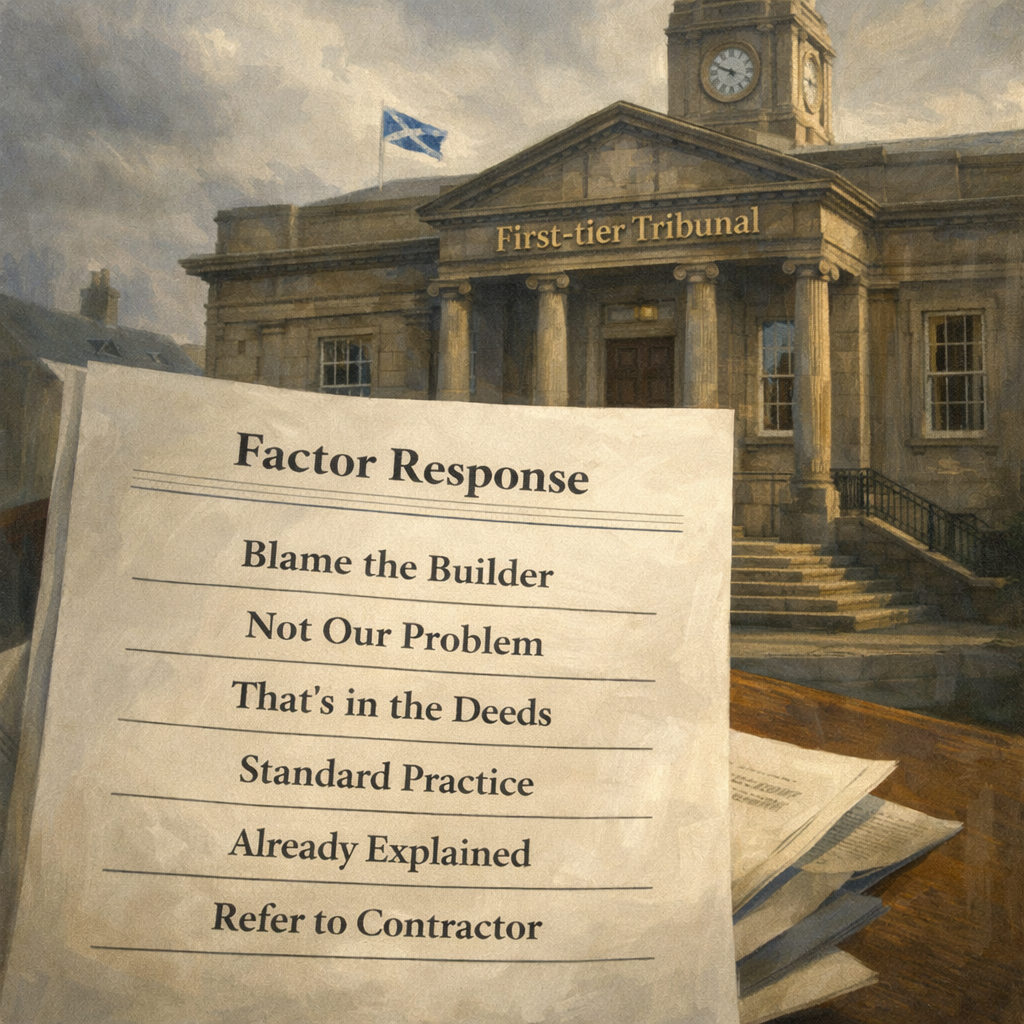 Factor response document with excuses in the foreground and First-tier Tribunal building in the background.