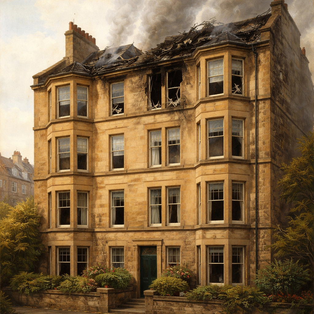 Scottish block of flats with upper fire damage and lower floors intact, representing insurance and liability.