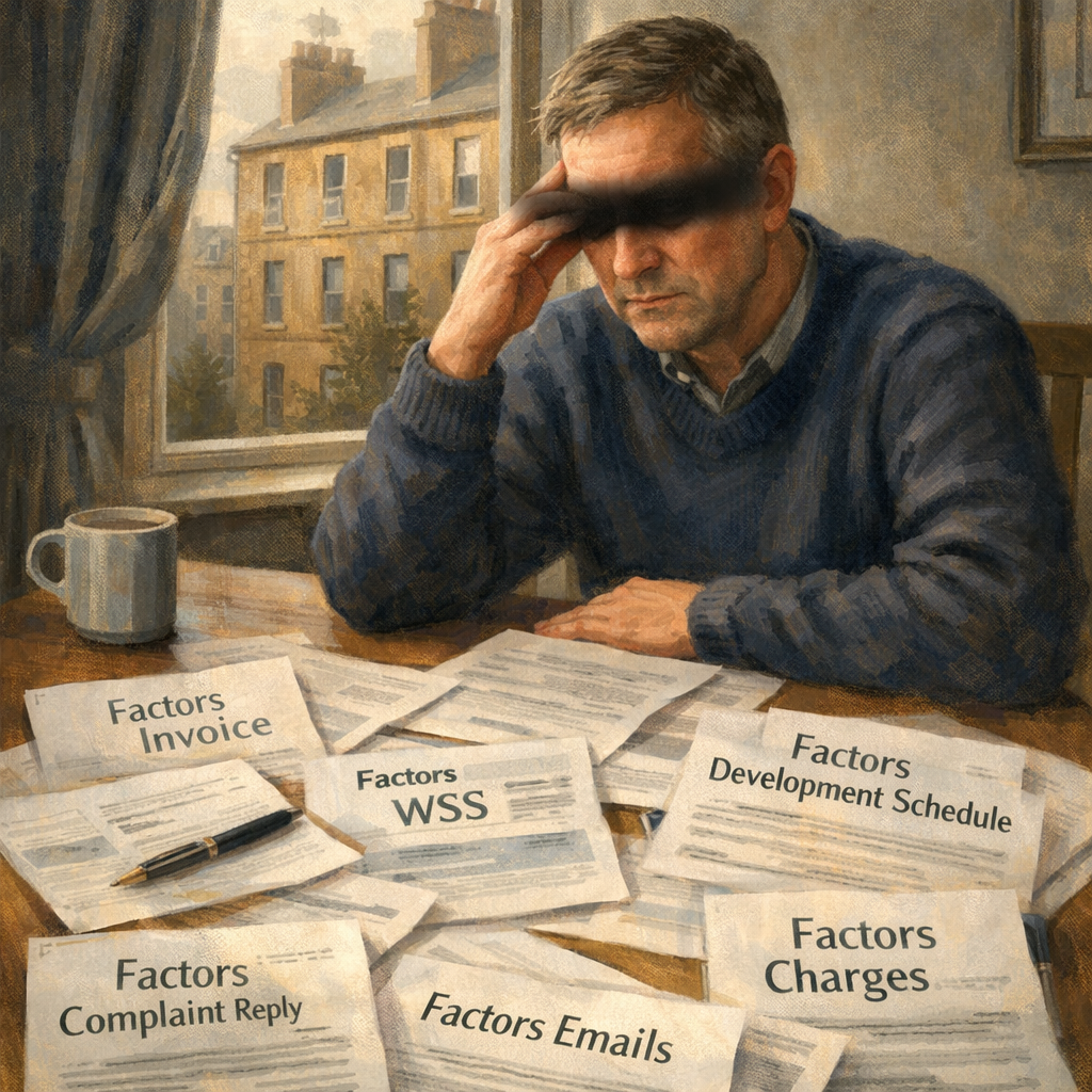 Homeowner struggling to understand unclear factor documents in a Scottish domestic setting.