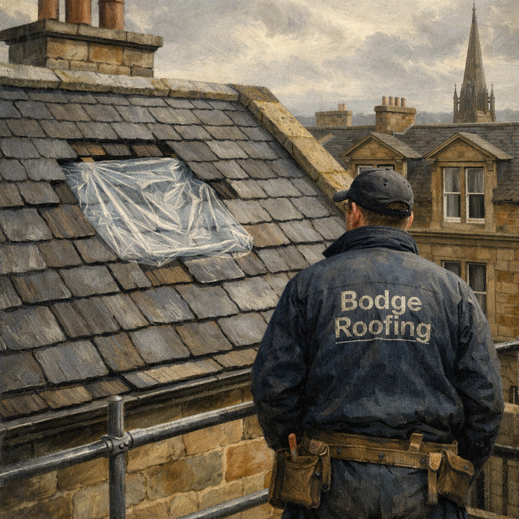 Storm-damaged Scottish tenement roof with a visibly botched repair, representing repairs and maintenance disputes.