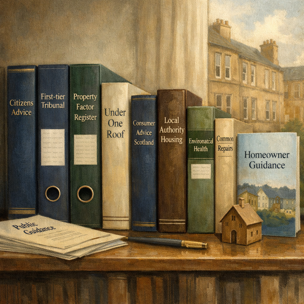 A curated shelf of Scottish homeowner guidance books, binders, and public-interest resource materials.