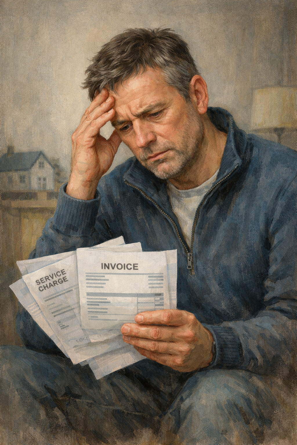 Homeowner reviewing paperwork about unclear charges.