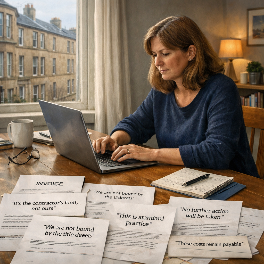 Homeowner sitting at a computer with papers and factoring documents while preparing to share their story.